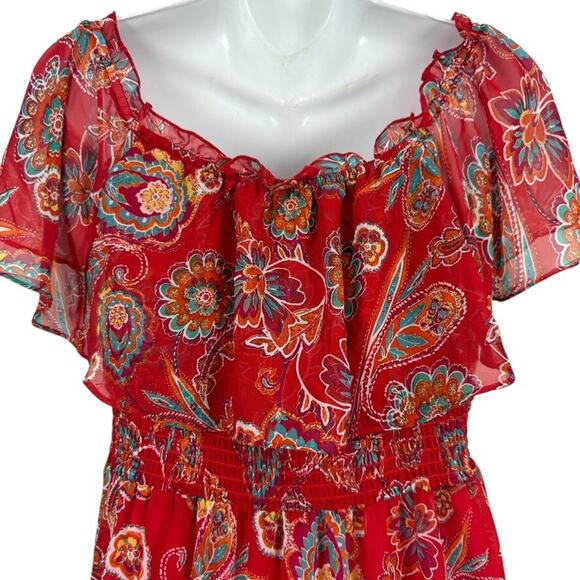 Rabbit Designs Womens Floral Red Maxi Ruffle Smocked Waist Peasant Dress NWT 10 - Picture 12 of 16